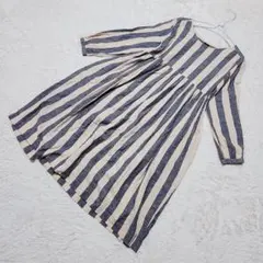 ichi イチ ロングワンピース リネン混 ストライプ ゆったり ベージュ 紺