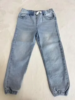 ライトブルー デニム風パンツ ウエストゴム裾ゴム