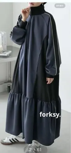 【forksy.】ハーフジップライン配色トラックジャージワンピース F