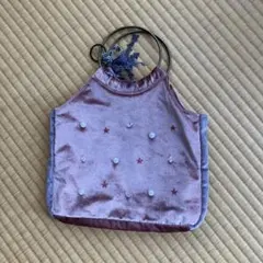 近沢レース 可愛い ビジュー付き ピンクのベロアのミニバッグ