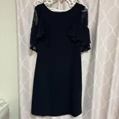 オケージョンドレス　ネイビー　レース袖フリル　パーティードレス