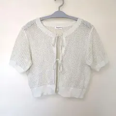 クロップド 透かし編み ホワイト ラメ 半袖 カーディガン M リボン