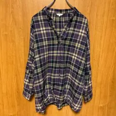 【3CAN4ON】長袖ネルシャツ　Vネック　ノーカラー　チェック　パープル　L