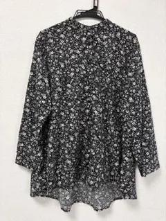 美品　小花柄ブラウス 長袖 ブラック ホワイト ハイネック LL 春　春服　XL