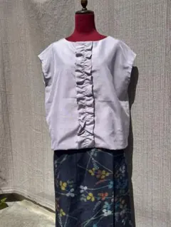 着物リメイク紬　薄紫 フリル付フレンチスリーブブラウス