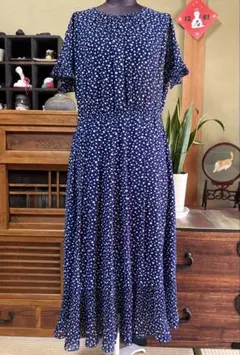 ネイビー 水玉模様 フレアスリーブ ワンピース