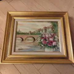 希少 永井弘子 風景画 油彩画 バラの花 ゴールドフレーム サイン入り