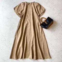 美品 アマカ 綿麻 ボリュームスリーブ フレアロングワンピース