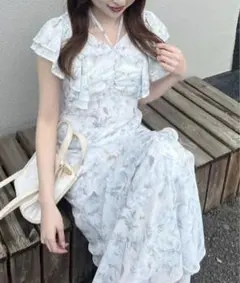rienda 花柄 フリル ロングワンピース Sのサムネイル