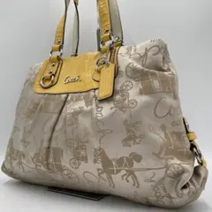 良品 COACH ハンドバッグ キャンバス ベージュ シグネチャー 肩掛け