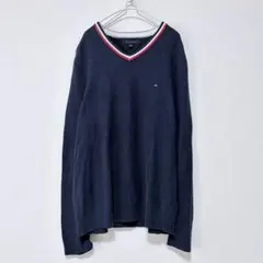 トミーヒルフィガー 綿100% Vネック ニット L ネイビー 刺繍ロゴ 兼用