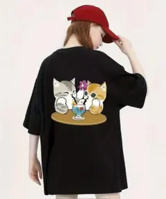 猫 プリントTシャツ ブラック