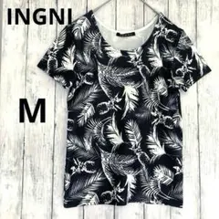 【INGNI】イング　ボタニカル柄半袖Tシャツ 白黒M モノトーン　ストレッチ