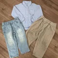 記名なし★95cmダメージデニム＆ベージュコーデュロイパンツ＆水色コットンシャツ
