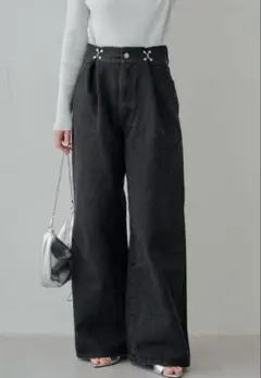 Chico ハートプリントボックスワイドデニムパンツ　ブラック