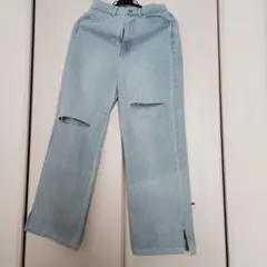 ライトブルー ダメージ加工 ストレートデニム S