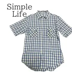 【シンプルライフ】シャツ　半袖　チェック柄　サイズL ブルー　コットン100％
