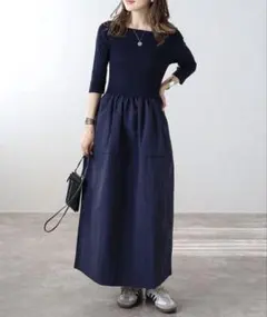 Bonjour Sagan スクエアネックニットコンビコクーンワンピース　ネイビ