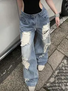 ダメージ加工ライトブルーワイドレッグデニム M