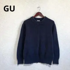 GU コットンアゼクルーネックセーター リブニット ネイビー XL