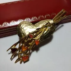 ヴィンテージ　ハート型　ブローチ　赤　オレンジ　ストーン付き　ゴールド　大振り