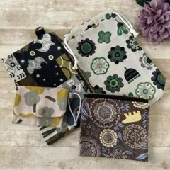 布小物4点セット 北欧風柄 ポーチ ボトルカバー