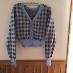青と茶色のチェック柄 カーディガン 長袖 ニット