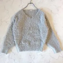 GU ジーユー フェザーヤーン Vネック セーター グレー S シャギーニット