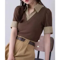 【NICE CLAUP】美品 レイヤードチェックトップス/ブラウン