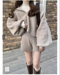 ビッグカラージップカーディガン×ショートパンツニットセットアップ[mb1471]