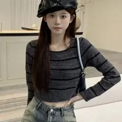 ボーダー トップス ショート丈 ストライプ セーター