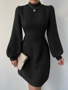 黒 バルーンスリーブ ハイネック フォーマルワンピース