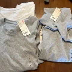 UNIQLO コットンフライスクルーネックT、タートル白グレー未使用タグ付き