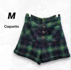 レディース　ハイウエストショートパンツ 前ボタン 秋冬春　グリーン　チェック起毛