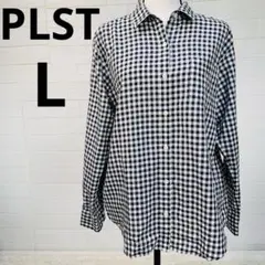 PLST リネン混 ギンガムチェック長袖シャツ L 白黒のサムネイル