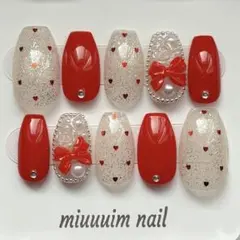 ネイルチップ 赤 ハートホロ 韓国 ワンホン フレンチガーリー 推し活ネイル