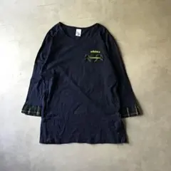 adidas アディダス Tシャツ　胸ロゴ　刺繍　チェック　ネイビー　Oサイズ