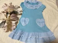 シャーリーテンプル　水色ハートポケット フリル襟ワンピース