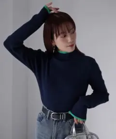 バイカラー配色リブニット ネイビー×グリーン