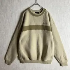 【スウェット】ワンポイント刺繍　ボーダー　裏起毛　緑　ベージュ　古着