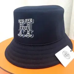 HERMES エルメス バケットハット 59 ネイビー Hロゴ タグ付未使用