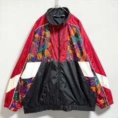 90s 総柄 ナイロンジャケット XL 赤黒白 レトロ 古着