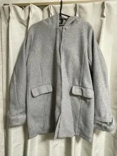 グレー フード付きジャケットコート 裾ファー付き