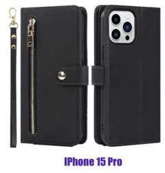 iPhone 15 Pro 手帳型　ストラップ　ショルダーストラップ付きブラック