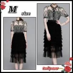 新品 クラシカルレース モノトーン ドレス シアー素材 黒 結婚式 食事会 M