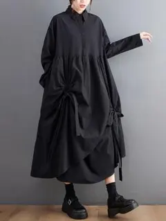 オシャレデザイン シャツワンピース レトロ 無地 体型をカバー おしゃれ