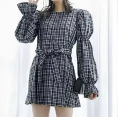 新品【グレイル】黒 ミニワンピース チェック パフスリープ リボン 長袖