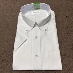 【未着用】メンズ(L)ノーアイロンホワイトストライプ 半袖ワイシャツ