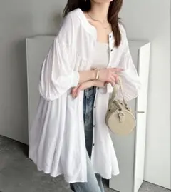 前後2WAY配色ステッチボリュームギャザーオーバーサイズチュニック白ブラウスM