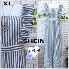 XL：新品★綿混 オールインワン／シーイン★ストライプ・グレー × ホワイトのサムネイル